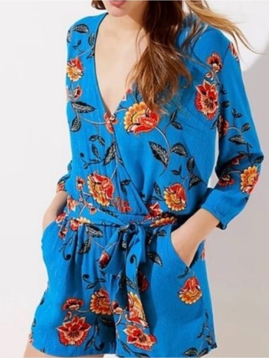 LOFT Pants - LOFT Blue Floral V-Neck Tie-Waist Romper